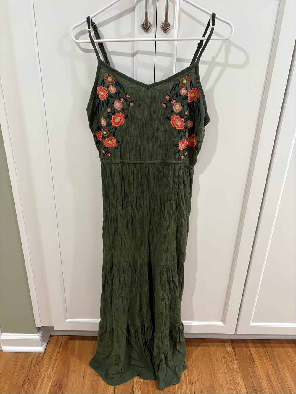 Time and Tru Olive Green Embroidered Spaghetti-Strap Maxi Dress